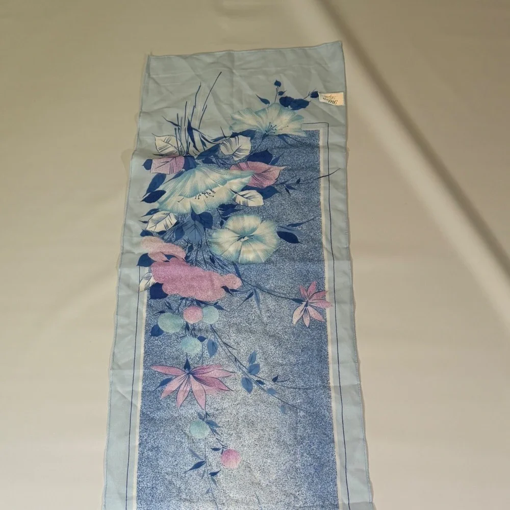 VTG Floral Scarf Silken Polyester by Birkshire Blue Pink 54x12 Cottagecore Retro